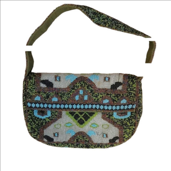 Green and Brown Crossbody Bag with Geometric Patterns - Picture 1 of 6